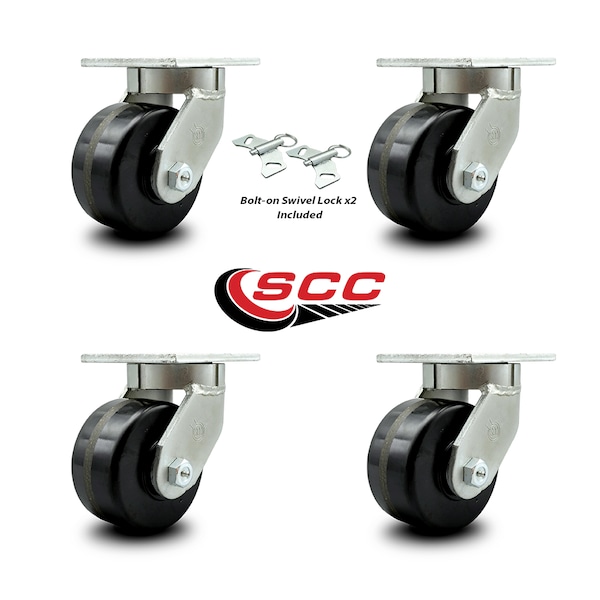 6 Inch Extra Heavy Duty Phenolic Wheel Swivel Caster Set with 2 Swivel Locks